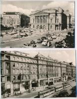Budapest - 2 db MODERN városképes lap: Blaha Lujza tér, automobilok, autóbusz, Hotel Royal szálloda, 6-os villamos. Képzőművészeti Alap Kiadóvállalat / 2 modern town-view postcards