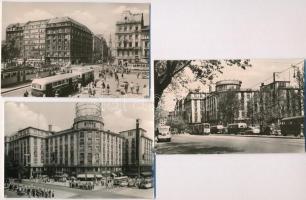 Budapest VII. Hotel Astoria szálló, Tanács körút (Károly körút) és Rákóczi sarok, Állami biztosító, autóbusz, automobil, villamos, üzletek, gyógyszertár. Képzőművészeti Alap Kiadóvállalat - 3 db MODERN városképes lap / 3 modern town-view postcards