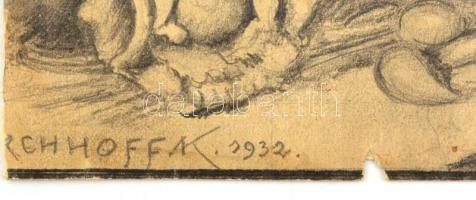 Kirchhoff K. 1932 jelzéssel: Kiváncsi szerzetesek. Grafit, papír, sérült, hiányokkal, 36×30,5 cm