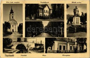 1942 Tápiószele, községháza, vasútállomás, fasor, Tápióhíd, Hősök szobra, Római katolikus templom (ázott / wet damage)