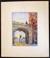 Olvashatatlan jelzéssel: Városi látkép alakkal. Ceruza, papír, paszpartuban, 20,5×15,5 cm