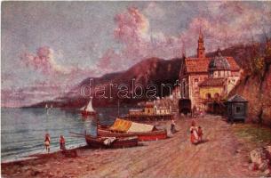 Amalfi, veduta dal Mare / coast, boats, art postcard s: Pittore G. Carelli