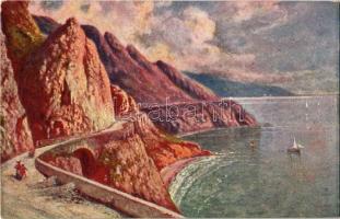Amalfi, Strada da Sorrento / coast, mountains, art postcard s: Pittore G. Carelli