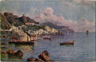 Amalfi, Veduta Generale / general view, boats, art postcard s: Pittore G. Carelli