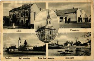 Perbete, Pribeta; iskola, utca, Református és római katolikus templom, C. Gyula üzlete / school, street, churches, shop  (Rb)