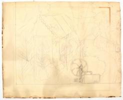 Jelzés nélkül:Szerelmes pár a tóparton. Festett selyemkép, papírra kasírozva, hátoldalán falusi udva...