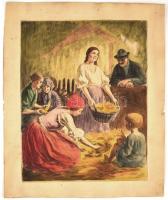 Jelzés nélkül: Kukoricatörő lányok és gyerekek, színezett rézkarc, papír, szélén szakadásokkal, amelyek nem érintik a karcot, 49×38,5 cm