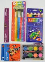 Vegyes írószer tétel (színes ceruzák, ecsetek, vízfesték, zsírkréta), eredeti csomagolásukban, használatlanok
