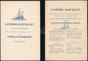 1886 A Stefánia Yacht-Egylet által Balatonfüreden 1886. évi július hó 19.-től augusztus hó 5-ig rendezendő Vitorla-versenyek programmja. Bp., Franklin, 2 sztl. lev.+A Stefánia Yacht-Egylet által Balatonfüreden 1886. évi július hó 19.-től augusztus hó 5-ig rendezendő Vitorla-versenyek között julius 21, 24, 27, 29-én és augusztus 1-én és 3-án megtartandó úszó, evező és tréfás versenyek propositiói. Bp., Franklin, 2 sztl. lev.