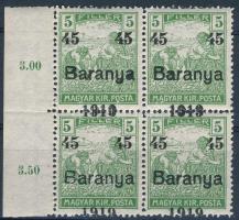 Baranya I. 1919 Arató 45f/5f négyestömb, erős felülnyomat elcsúszással, Bodor vizsgálójellel