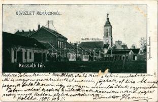 Komárom, Komárnó; Kossuth Lajos tér, református templom. Sipos Ferenc kiadása / square, Calvinist church (Rb)