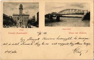 1899 Komárom, Komárnó; Fő tér, Városháza, Duna vashíd, piac / main square, market, town hall, bridge (EK)