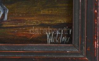 Olga Vyletalova (1944-): Kutyák kertben, olaj, farost, jelzett (hátoldalán is), datált (hátoldalán, ...