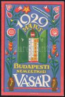 1929 Budapesti Nemzetközi Vásár 1929-es kártyanaptára, kinyitható, ablakos-keretes jelöléssel a májusi BNV dátuma, Jeges Ernő (1898-1956) népies motívumokkal díszítésű grafikájával, Bp., Athenaeum-ny., 11,5x7,5 cm, kinyitva: 11,5x15,5 cm