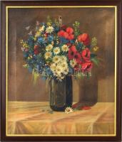 Jelzés nélkül: Virágcsendélet, olaj, vászon, sérült (lyukas), fa keretben, 58,5x49 cm