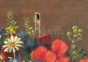 Jelzés nélkül: Virágcsendélet, olaj, vászon, sérült (lyukas), fa keretben, 58,5x49 cm