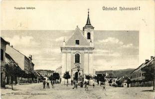 1906 Rohonc, Rechnitz; templom, tér. Eberhart Sándor kiadása / church, square (fl)