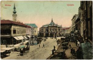 Újvidék, Novi Sad; Fő utca, Plesch H. és Bröder (?) üzlete, piac / main street, market, shops (EK)