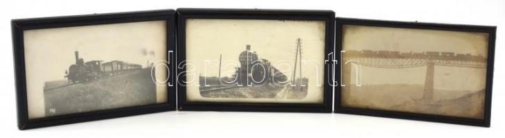 cca 1910 2 db fotó régi mozdonyokról + 1 db fotó a Biatorbágyi vasúti viaduktról szerelvénnyel, üvegezett keretben, 8×13 cm