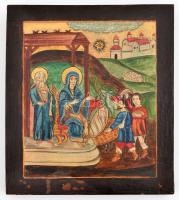 Jelzés nélkül: Betlehemi jelenet, modern ikon, vegyes technika, fa, 18x15 cm
