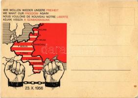 1956 X. 23. Adják vissza a szabadságunk! 1956-os forradalom propaganda lapja / Wir wollen wieder unsere Freiheit! / We want our freedom again! Hungarian Revolution of 1956 propaganda card (EM)