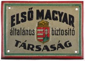 Első Magyar Általános Biztosító Társaság festett fém tábla, kis kopásnyomokkal, 6,5×9 cm