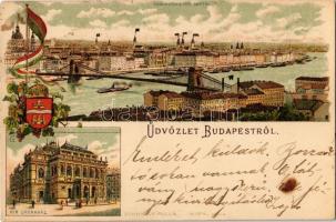 1894 (Vorläufer!) Budapest, Panoráma a Királyi vártól, Kir. Opera, Lánchíd, magyar zászló és Budapest címere. Art Nouveau, floral, litho