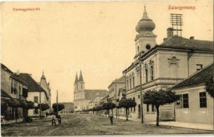 1907 Zalaegerszeg, Vármegyeház tér, templomok, üzletek. Selley Károly kiadása