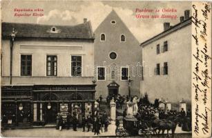 1906 Eszék, Essegg, Osijek; Kapucinska crkva / Kapuciner Kirche / Kapucinus templom, Radoslav Bacic, Link üzlete. Pollak kiadása / church, shops (EK)