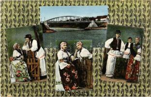 1914 Vinkovce, Vinkovci; híd, szlavón népviselet, folklór. J. Reich kiadása / bridge, Slavonian folklore, traditional costumes + magyar posta