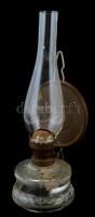 Fali üveg petróleumlámpa, rozsdás szereléken nap motívumú díszítéssel m. 28 cm