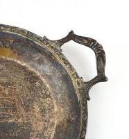 Antik füles nagy alpakka tálca, díszített peremmel, 60×34 cm