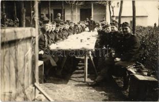 1914 Frontra készülő katonák tábori étkezése / WWI Austro-Hungarian K.u.K. military, soldiers meal at the camp, before going to the front. photo