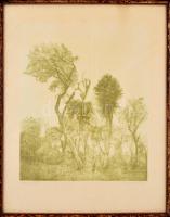 Dudás Jenő (1900-1991): Erdő széle. Rézkarc, papír, jelzett, üvegezett keretben, 39×32 cm