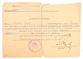 1944 Jászberény, M. kir. 6. honvéd bevonulási központ által kiállított igazolvány katonai alkalmatlanságról, szakadt