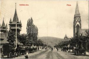 1907 Pécs, Indóház utca, lovashintók, templom. Blancz József kiadása