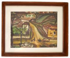 Olvashatatlan jelzéssel: Utcarészlet gémeskúttal és alakokkal. Vegyes technika, papír, üvegezett ker...