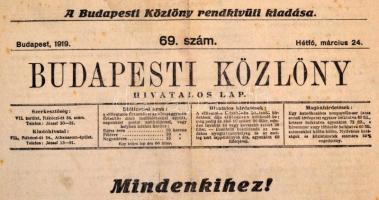 1919 Budapesti közlöny rendkívüli kiadása, március 24. Tanácsköztársaság megalakulásának meghirdetés...