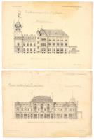 1894-1898 Alpár Ignác 2 db épület rajza, nagyenyedi Alsó-Fehér vármegye székháza, nyíregyházi Városi vendégfogadó, Építő Ipar c. újság mellékletei, sérültek, javítottak, megviselt állapotban, 26x35 cmx2