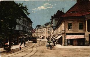 1913 Nagyszeben, Hermannstadt, Sibiu; Heltauergasse / Disznódi utca, villamos, üzletek / street view, tram, shops (EK)