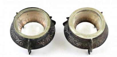 2 db ezüstözött fém fűszertartó edényke, kiskanállal, üvegbetéttel, d: 5 cm