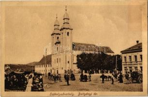 Székelyudvarhely, Odorheiu Secuiesc; Battyányi tér, templom, piac, Gáspár testvérek üzlete / square, church, market, shop
