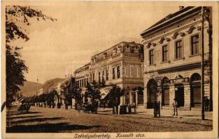 Székelyudvarhely, Odorheiu Secuiesc; Kossuth utca, Budapest szálloda, M. K. Dohány nagytőzsde / street, hotel, tobacco shop