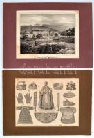 4 db különféle metszet (schönbrunni kastély, koronázási ékszerek...stb), paszpartuban, kissé foltosa...