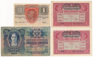 1913. 20K + 1916. 1K zöld "DEUTSCHÖSTERREICH" felülbélyegzéssel + 1917. 2K zöld "DEUT...