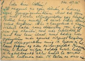 1940 May Elemér zsidó 203/6. táb. KMSZ (közérdekű munkaszolgálatos) levele feleségének a gyergyóholl...