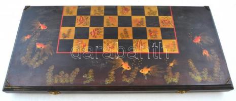 XX sz. eleje: Sakk és dáma készlet. Nagy méretű, kézzel festett, lakkozott fa, hal és vízi motívumok...