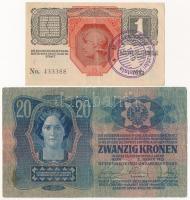1913. 20K + 1916. 1K mindkettő "Mohács Város Pénztári Hivatala 1919" felülbélyegzéssel (fa...