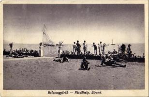 1934 Balatongyörök, Fürdőhely, strand, fürdőzők, vitorlás. Malek Károly kiadása (EK)