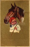 1924 Child with horse. Italian gold art postcard. Anna e Gasparini 112-2. unsigned Corbella (?) (Rb)